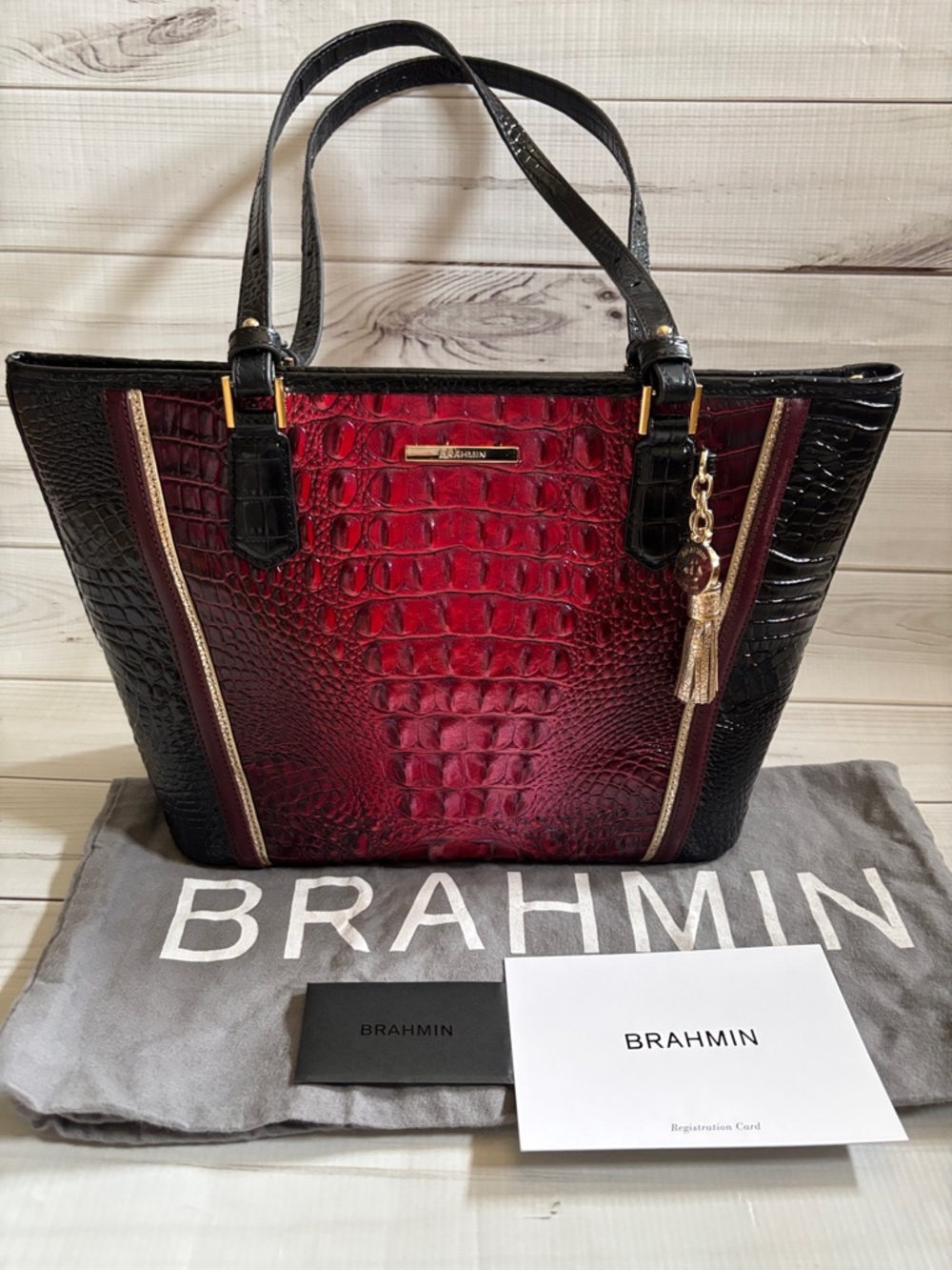 Brahmin Medium Asher Red and Black Croc-Embossed Tote with Gold Tassel Charm